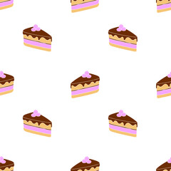 Pattern with slices of cake, cheesecakes on white background.