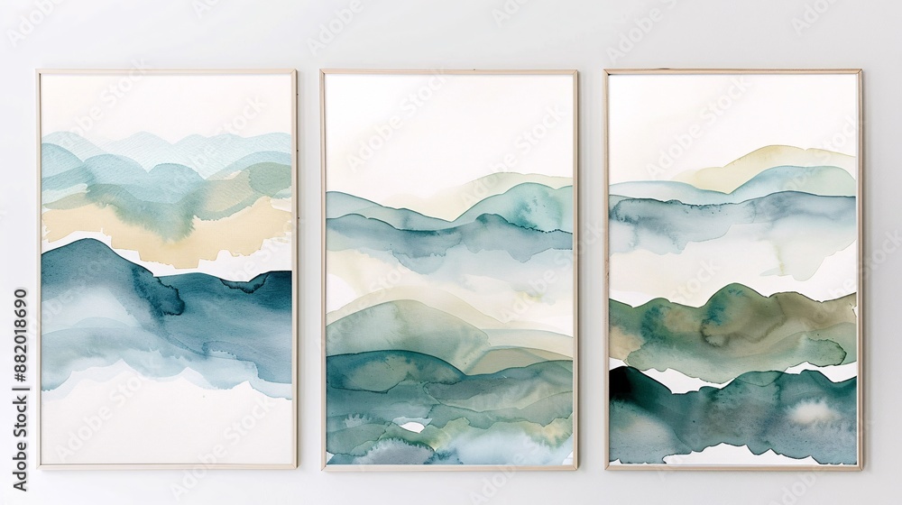 Poster a set of three watercolor posters featuring a continuous design, creating a harmonious and stylish w
