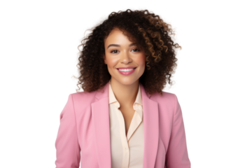 Trendy African American woman with curly hair, dressed in a chic blazer and pants, smiling warmly at the camera Isolated on white background