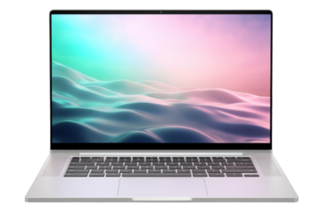 Transparent screen laptop mockup, front view, isolated on white background