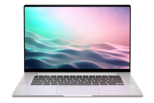 Transparent screen laptop mockup, front view, isolated on white background