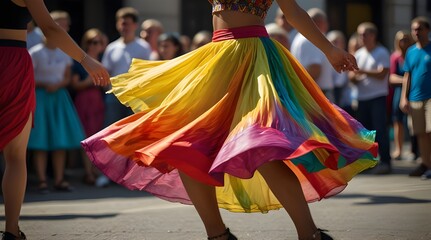 A closeup of a vibrant skirt swirling during a street.generative.ai