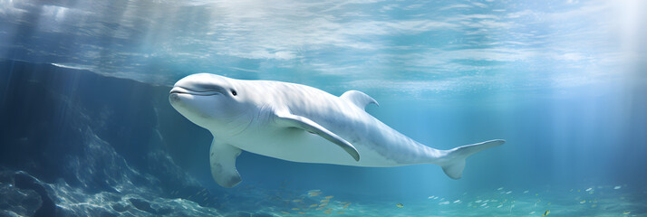 Obraz premium Beautiful Beluga Whale Swimming Tranquilly in a Transparent Underwater Landscape