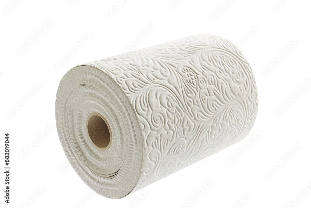Poster a close-up shot of a single roll of toilet paper on a plain white background