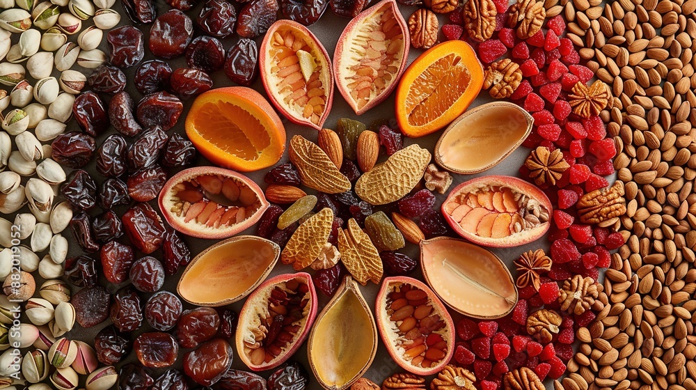 Poster vibrant display of assorted nuts and dried fruits in intricate arrangement