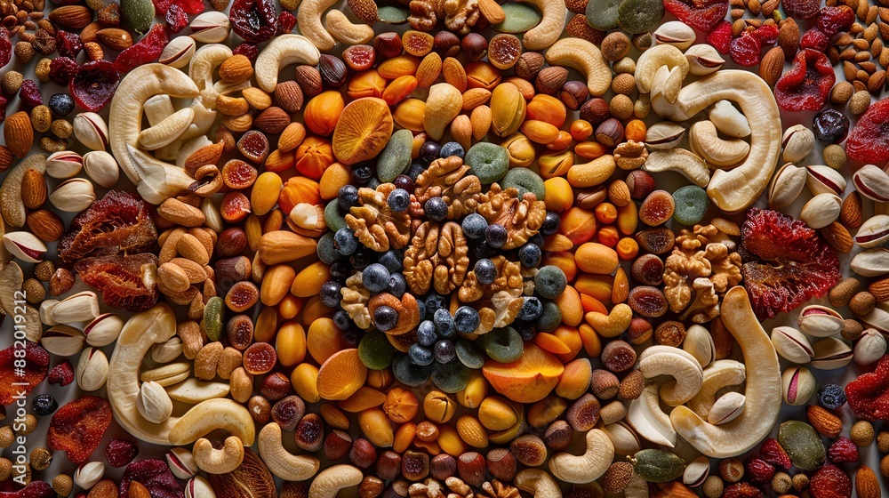 Poster vibrant display of assorted nuts and dried fruits in intricate arrangement