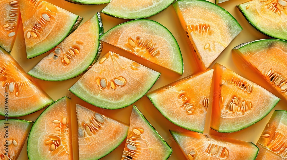 Poster ripe melon slices with visible seeds arranged in geometric pattern