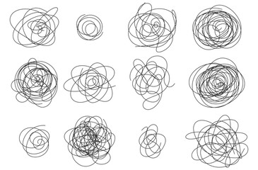 Hand-Drawn Scribbles of Tangled Intertwined Lines in Different Shapes and Size. Editable Line. Adjustable Stroke Width.