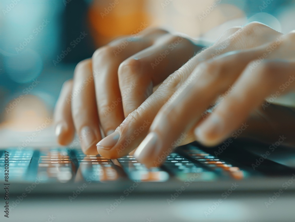 Poster technology and communication: close-up of hand writing on virtual keyboard on tablet with depth of f