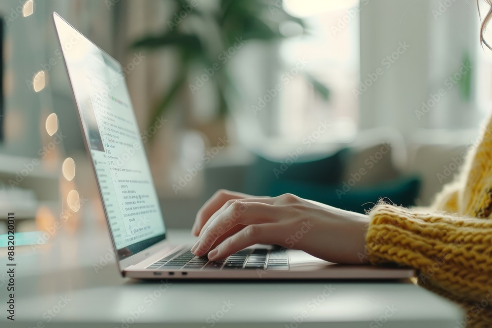 Poster engaging in online communication - close-up of person typing on laptop with chat windows, emphasizin