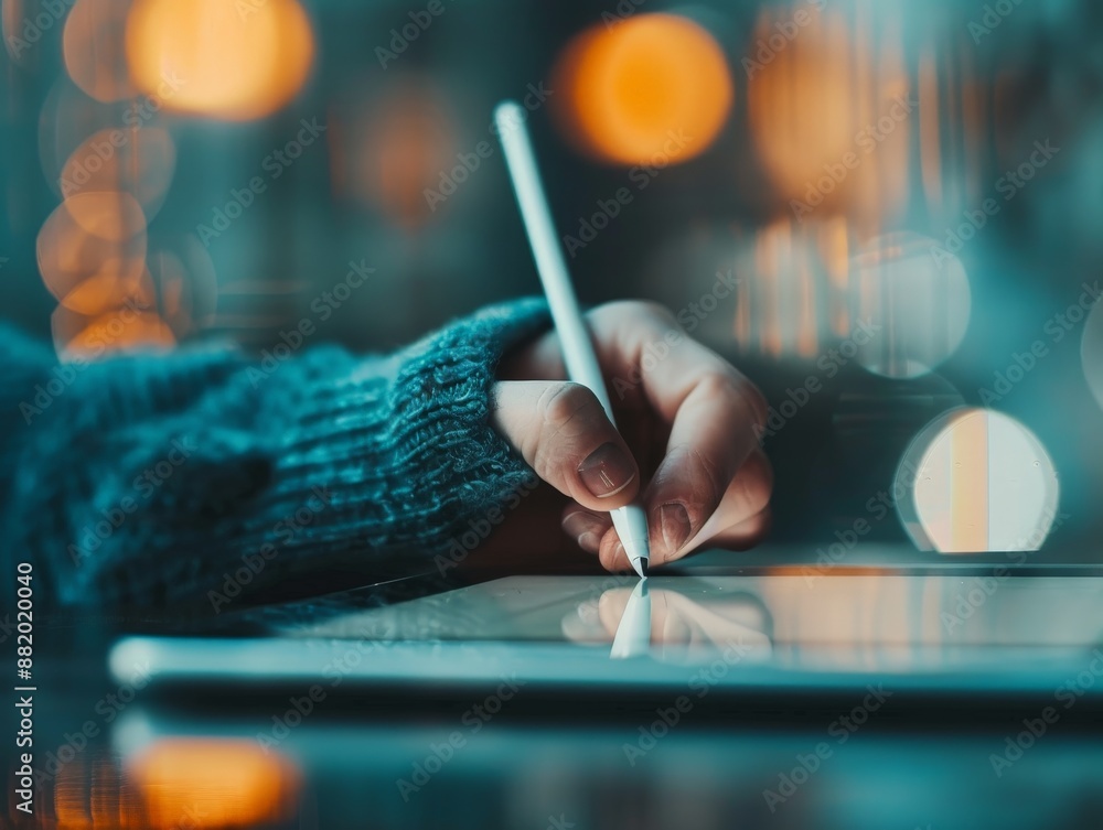 Poster Touch Interaction - Person Writing Message on Virtual Keyboard displayed on Tablet with Focus on Hand in Close-up