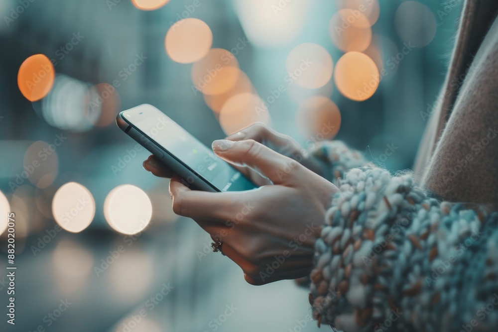 Aufkleber modern communication technology - close-up of person sending text message on smartphone, screen in f