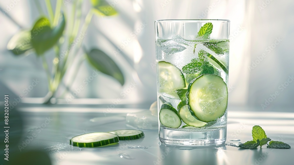 Poster crisp refreshment - glass of sparkling water with cucumber and mint on high-key background