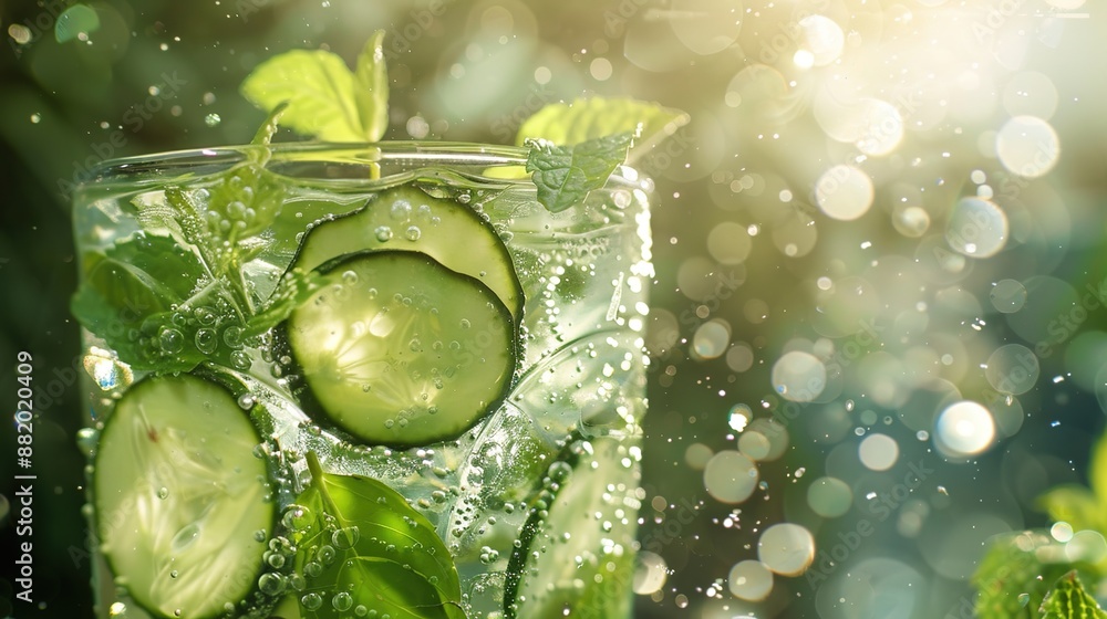 Poster crisp and clean: sparkling water with cucumber and mint on high-key background