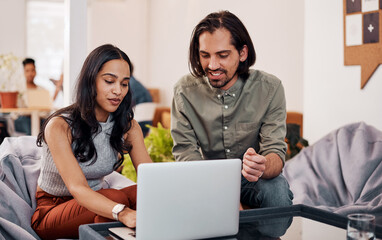 Laptop, colleague and office for teamwork, online and web designer for training with coworker....
