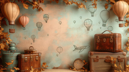 A telephoto angle photo of a hand-drawn doodle background filled with whimsical travel doodles like hot air balloons and vintage suitcases in peach fuzz hues, with copy space