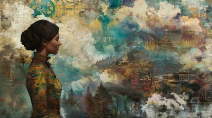 Obraz premium A woman is standing in front of a painting of a city