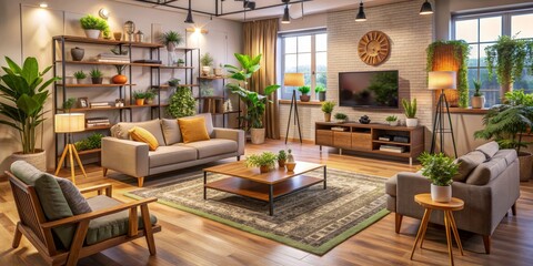 Cozy Living Room Interior with Wooden Furniture and Greenery,  living room, interior design, home decor, furniture