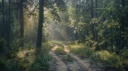 Naklejka premium A dirt road winding through a dense forest with tall trees and underbrush