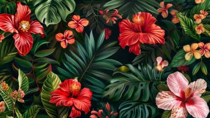 Tropical Floral Pattern with Vivid Red Hibiscus