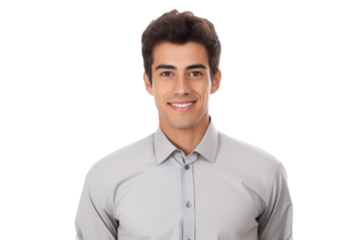 Portrait of a smiling young business professional, wearing a gray shirt and exuding confidence. Isolated on white background