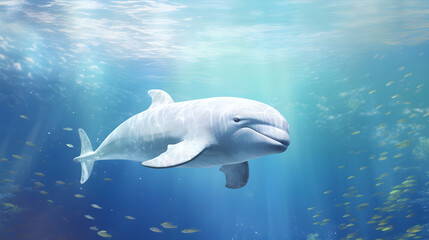 Fototapeta premium Beautiful Beluga Whale Swimming Tranquilly in a Transparent Underwater Landscape
