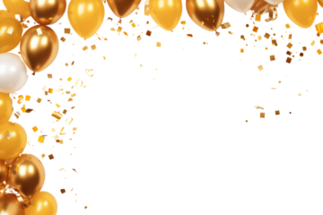 Party frame with golden balloons and confetti Isolated on white background