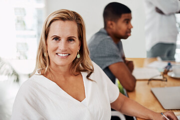 Businesswoman, workshop and portrait with document on desk for notes, event with information for economy. Female accountant, seminar and paperwork on boardroom table for finance agenda or tradeshow