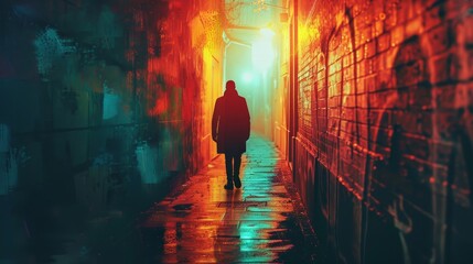 A man walks down a dark alleyway with graffiti on the walls