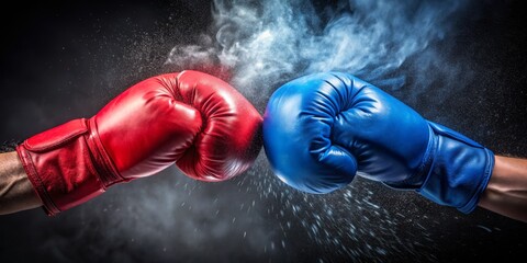 Clash of Titans Red and Blue Boxing Gloves Collide in a Cloud of Dust, Boxing , Gloves, Fight, Competition