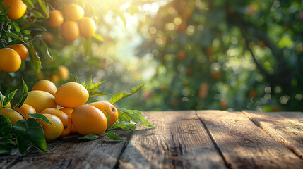 Create a major key for a photo featuring a wooden table with a blurred landscape in the background. On the table, prominently display yellow mangoes with juicy and sweet pieces around it4