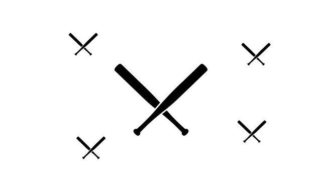 Zoom in and out animation the baseball bats symbol. Large black symbol in the center and four small symbols around. Seamless looped 4k animation on white background