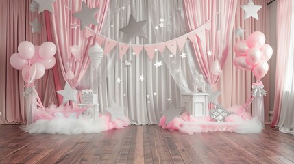 wooden floor and a wall decorated with pink and gold princess banners, sparkling fairy lights, and tiaras, perfect for a whimsical princess party-themed product display.