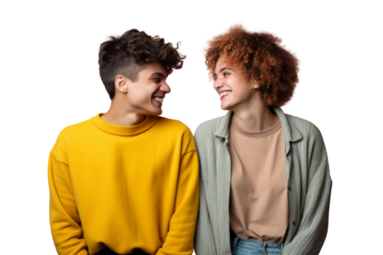 Multicultural group of young friends, featuring a nonbinary person, smiling and showing unity. Isolated on white background