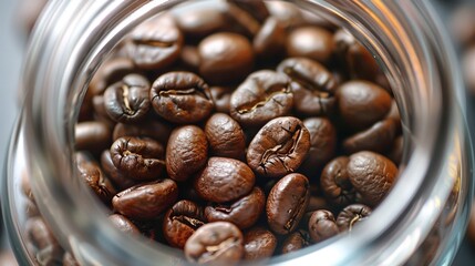 Vivid Close-up of Glossy Coffee Beans in Transparent Storage Jar