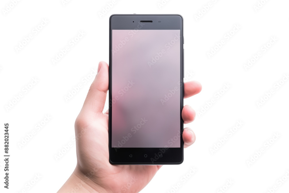 Poster modern smartphone with transparent screen in a hand isolated on white background