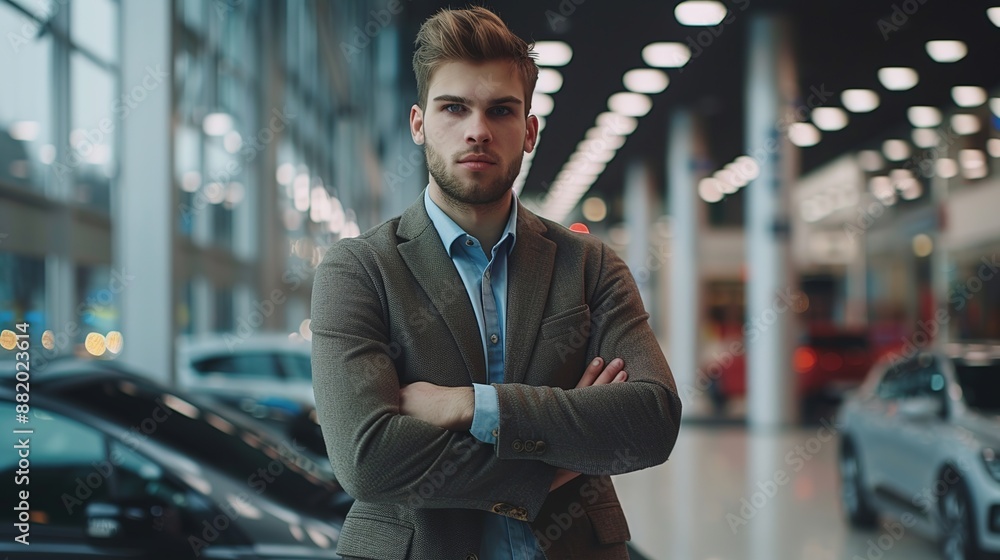 Sticker car salesman posing at a car dealership