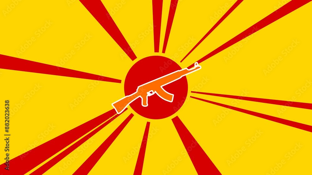 Poster assault rifle on the background of animation from moving rays of the sun. large orange symbol increa