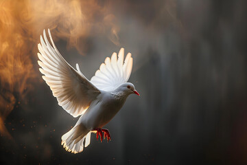 Fototapeta premium Flying dove in radiant light, symbolizing peace, religion, and love; ideal for Easter, weddings, or serene designs with copy space available.