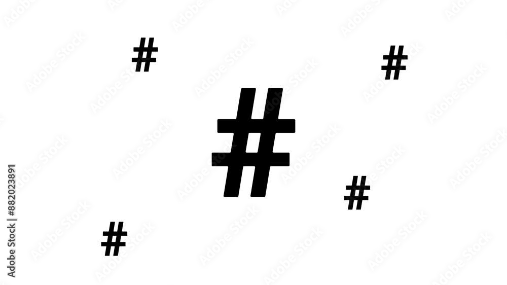 Poster zoom in and out animation the hash symbol. large black symbol in the center and four small symbols a