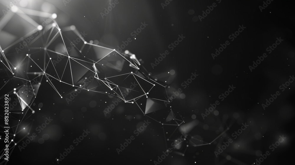 Poster abstract digital visualization of interconnected nodes in a dark space, representing technology and 