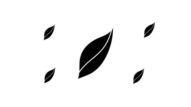 Zoom in and out animation the leaflet symbol. Large black symbol in the center and four small symbols around. Seamless looped 4k animation on white background