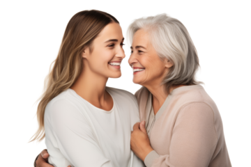 Mature mother and daughter sitting together, sharing a happy moment and showing their deep connection. Isolated on white background