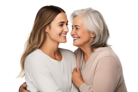 Mature mother and daughter sitting together, sharing a happy moment and showing their deep connection. Isolated on white background - Powered by Adobe