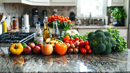 Fresh and Colorful Kitchen Counter Displayed with Neatly Arranged Fruits and Vegetables