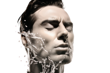 Man splashing water on face Isolated on white background