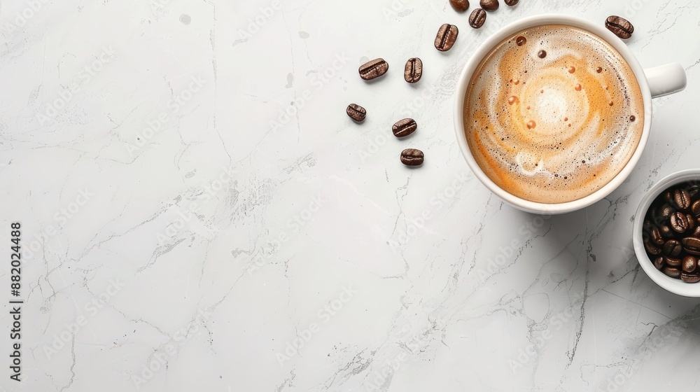 Wall mural Delicious coffee and beans on white marble table Popular morning drinks Food and macro concept Top view with text space Selective focus