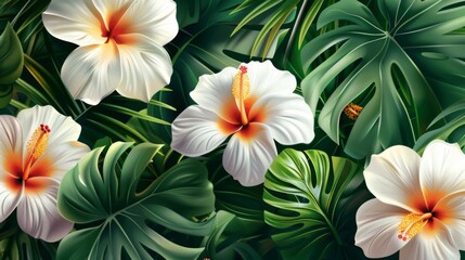Obraz premium White Hibiscus Flowers Amidst Lush Tropical Foliage