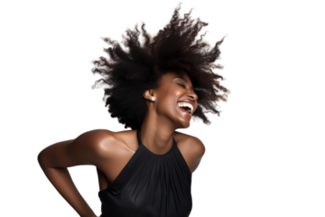 Joyful black woman dancing, expressing happiness Isolated on white background