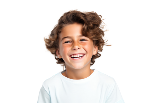 Joyful young boy grinning and smiling broadly Isolated on white background